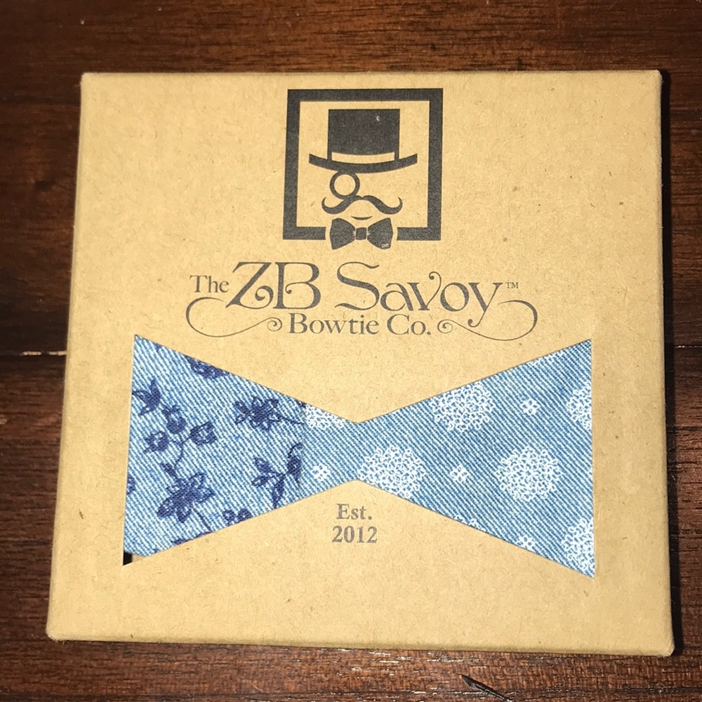 ZB Savoy Floral Sapphire Blue Chambray Denim Bow Tie - Picture 5 of 8